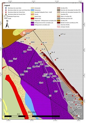 Figure 1: Geological map overlain with the location of all drillholes on the project area. The white dashed line joining the points “A” and “B” represents the location on surface of the cross-section along strike presented in Figure 2 below. (CNW Group/ZEB Nickel Corp.)