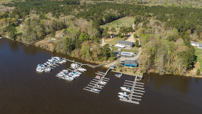 An aerial view of Rivers Rest. Guests can enjoy water sports and fishing on the river or spend time relaxing in the pool that is near the marina and resort’s on-site restaurant, The Blue Heron.