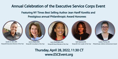Join the Executive Service Corps in celebrating our 2022 Honorees: Janelle St. John #ExecutiveDirector of the Year, Kelli Haywood #Civic #Leader of the Year, Laura Washington #BoardMember of the Year, Jeanne Mayes #Nonprofit #Consultant of the Year, & Audrey Thomas #Philanthropic Lifetime Achievement #Award! http://www.ESCEvent.org