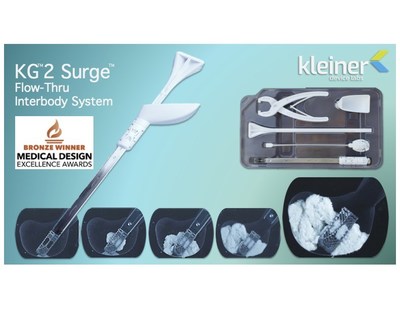 The KG2(TM) Surge(TM) Flow-Thru Interbody System was recognized with the Bronze award in the 2022 Medical Design Excellence Awards (MDEA) in the Implant and Tissue-Replacement Products category.  The KG2 system maximizes total bone graft delivery volume, better distributes graft bilaterally into the intervertebral disc space, and streamlines the implant delivery, positioning and grafting processes for TLIF and PLIF spinal fusion procedures.  www.kleinerlabs.com