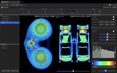 A CT scan of binoculars visualized in Lumafield's Voyager analysis software. Voyager turns scans into actionable insights, offering intuitive visualizations that reveal invisible features, measurement tools that take guesswork out of inspection, and a powerful automated analysis engine that pinpoints voids, pores, and cracks before they turn into critical problems.

Voyager runs in the cloud, accessible through any desktop web browser, so teams can collaborate and share data in real time.