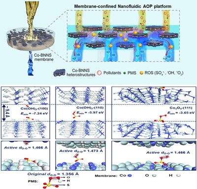 A conceptual illustration of 2D Co-BNNS membrane-confined nanofluidic platform for heterogenous catalysis of organic pollutants and DFT-based theoretical analysis.