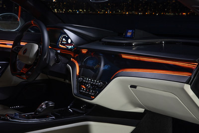 The DEUS Vayanne production-oriented concept is the first in the automotive industry to feature the Halo Infinity Mirror throughout a vehicle’s interior, creating a unique interior effect that changes according to the viewing angle.