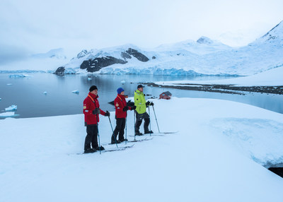 Guests on shore during one of Viking's first expeditions to Antarctica. Guests will be provided with everything they need: a Viking Expedition Kit contains items like boots, binoculars and waterproof pants-and all guests will receive complimentary use of Viking Excursion Gear, which includes specialty items like trekking poles, snowshoes and skis. For more information, visit www.viking.com.