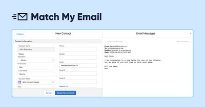 The Email Sync Assistant lets users instantly create new leads or contacts for email addresses with auto-populated fields and a side-by-side view of recent email messages.