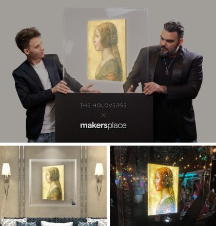 Top - The Holoverse Co-founders, CMO Leonardo Terzulli and CEO Andrea Prince. Bottom: The first HoloNFT of daVinci’s La Principessa is displayed during the day and at night.