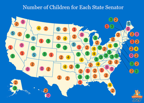 US map showing number of kids for each state senator