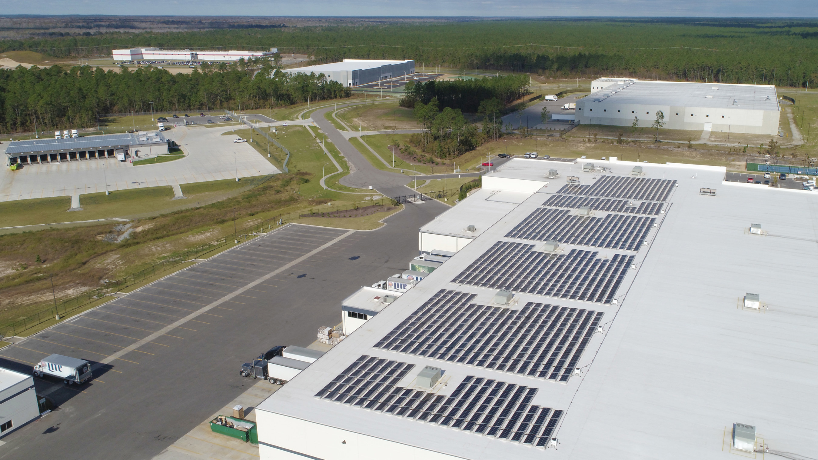 Aerial view of Coastal Beverage Company’s solar panels installed by Cape Fear Solar Systems.