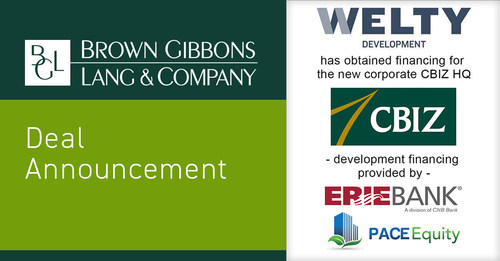 Brown Gibbons Lang & Company (BGL) is pleased to announce the financial closing of the new corporate headquarters for CBIZ, Inc. (CBIZ). BGL's Real Estate Advisors team served as the exclusive financial advisor to the Welty Development Company in the transaction, with ERIEBANK and PACE Equity financing the approximately 137,000 square-foot building.