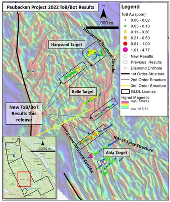 Figure 2: ToB/BoT results from 2020/2021 drilling campaigns. (CNW Group/Gold Line Resources Ltd.)