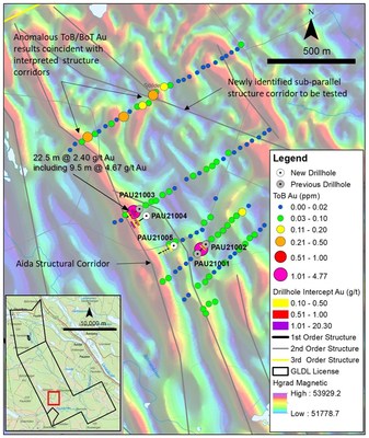 Figure 1: Top of Bedrock Au results (best of two assays) from BoT/ToB drilling and maiden drilling. (CNW Group/Gold Line Resources Ltd.)