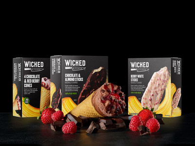 Wicked Kitchen's plant-based novelties line up includes: Chocolate & Almond Sticks,  Berry White Sticks, Chocolate, & Red Berry Cones.
