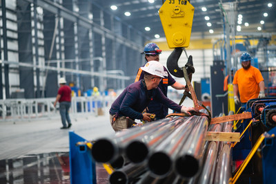 JM Steel worker on Nextracker-dedicated production line. Sinton, Texas