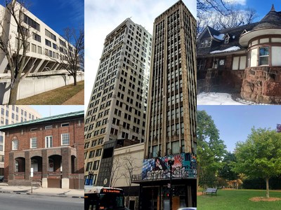 2022 Most Endangered Historic Places in Illinois. Clockwise from upper left: Will County Courthouse, Century & Consumers Buildings, Eugene S. Pike House, Gillson Park, Elks Lodge #64.