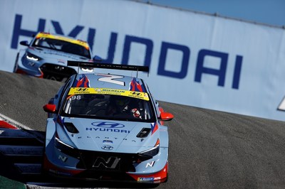 The #98 Elantra N TCR with the #77 Veloster N TCR close behind at the Hyundai Monterey Sports Car Championship at WeatherTech Raceway Laguna Seca, in Salinas, Calif., Saturday, September 11, 2021. (Photo/Bryan Herta Autosport/LAT)