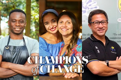 Winners of The World’s 50 Best Restaurants 2022 Champions of Change awards (L-R); Dieuveil Malonga, Alissa Timoshkina & Olia Hercules, and Koh Seng Choon