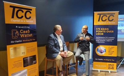 VP of Finance at Flex Jim Marine (left) and TCC CEO Sanjay Bonde (right) share insights at a fireside chat during the launch of TCC's flagship CaaS Wallet on Thursday, April 21, 2022.