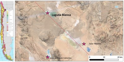 Figure 2. Location of Laguna Blanca and the nearby Salar de Aguas Calientes, and Salar Helados (100% owned by Lithium Chile). Both Laguna Blanca and Salar Helados are along the same fault structural trend (red dotted line). The Company cautions that past results or discoveries on proximate lands are not necessarily indicative of the results that may be achieved on the Laguna Project. (CNW Group/Monumental Minerals Corp.)