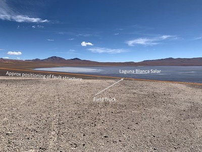 Figure 3. Photograph of the northwestern part of the Laguna Blanca Salar looking towards the north. Surrounding the salar are geologically young volcanos and volcanic rocks including thick sequences of volcanic ash. One of the field trucks is shown for scale. (CNW Group/Monumental Minerals Corp.)