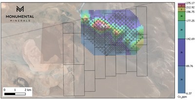Figure 4A. Gridded sediment assay results for (A) lithium, and (B) cesium from Laguna Blanca Project. The highest lithium and cesium concentrations are 0.145% and 0.069%, respectively. Sampling and assay results are from Lithium Chile. Current Laguna Blanca claim blocks are displayed by black polygons. Samples were collected and sent for assay by Lithium Chile. (CNW Group/Monumental Minerals Corp.)