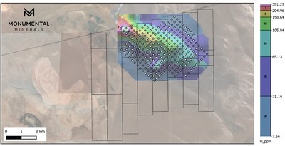 Figure 4B. Gridded sediment assay results for (A) lithium, and (B) cesium from Laguna Blanca Project. The highest lithium and cesium concentrations are 0.145% and 0.069%, respectively. Sampling and assay results are from Lithium Chile. Current Laguna Blanca claim blocks are displayed by black polygons. Samples were collected and sent for assay by Lithium Chile. (CNW Group/Monumental Minerals Corp.)