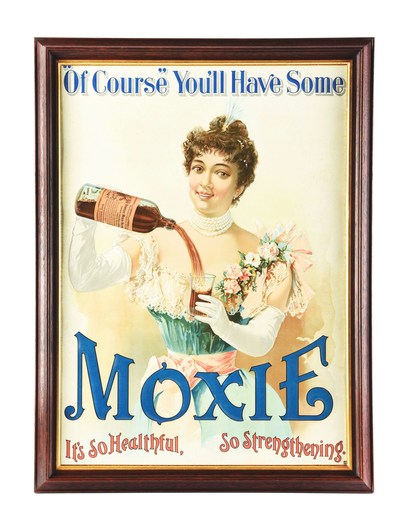 Embossed painted tin Moxie sign with messages: 'It's So Healthful, So Strengthening,' and 'Of Course You'll Have Some.' Excellent condition with vivid colors and gloss, presented in period-correct frame. Estimate $12,000-$16,000