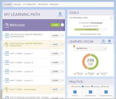 The Transparent Language Learning portal allows you to access courses and assignments, review learned materials, and set learning goals.