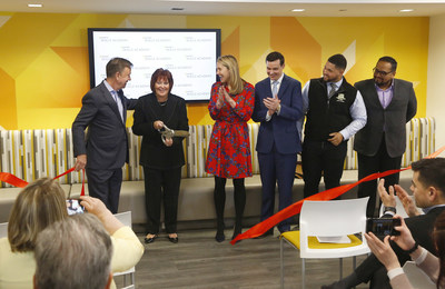 (Pictured from left to right) CT Governor Ned Lamont, Executive Chair of Synchrony’s Board of Directors Margaret Keane, Stamford Mayor Caroline Simmons, Synchrony Chief Human Resources Officer DJ Casto, CT State Representative Hubert Delany and District Arts and Education CEO A.M. Bhatt celebrate the official opening of the new Synchrony Skills Academy during a ribbon-cutting ceremony. (Stuart Ramson/AP Images for Synchrony)