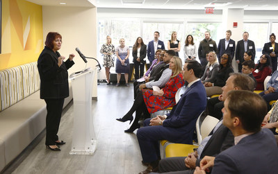 Executive Chair of Synchrony’s Board of Directors Margaret Keane speaks at the opening of the new Synchrony Skills Academy at Synchrony headquarters in Stamford, CT. (Stuart Ramson/AP Images for Synchrony)