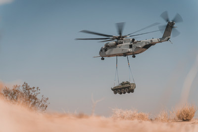 The U.S. Marine Corps declared Initial Operational Capability (IOC) for the Sikorsky CH-53K heavy lift helicopter. In this Aug. 21, 2021 photo, a CH-53K King Stallion with Marine Operational Test and Evaluation Squadron 1 conducts a lift of an external cargo load during a cargo loading and transporting exercise at Marine Corps Air Ground Combat Center, Twentynine Palms, California. U.S. Marine Corps photo by Lance Cpl. Colton Brownlee.