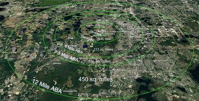 SERVICE AREA (5-lb. payload, 4-minute reserve) 12-MILE RADIUS (ABA): 450 SQ MILES 24-MILE RANGE (AB): 1,800 SQ MILES