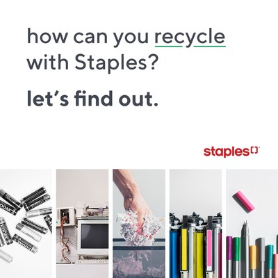 Staples is committed to recycling and diverting materials from the waste stream. Through its programs, more than 20.5 million kilograms of e-waste, 25 million ink and toner cartridges, and more than 1 million kilograms of household batteries have been safely recycled to date. (CNW Group/Staples Canada ULC)