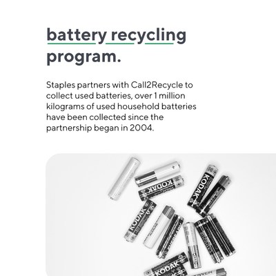 Staples is committed to recycling and diverting materials from the waste stream. Through its programs, more than 20.5 million kilograms of e-waste, 25 million ink and toner cartridges, and more than 1 million kilograms of household batteries have been safely recycled to date (CNW Group/Staples Canada ULC)