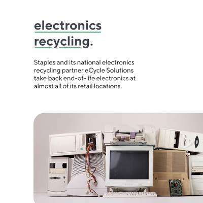 Staples is committed to recycling and diverting materials from the waste stream. Through its programs, more than 20.5 million kilograms of e-waste, 25 million ink and toner cartridges, and more than 1 million kilograms of household batteries have been safely recycled to date. (CNW Group/Staples Canada ULC)