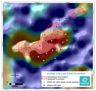 Figure 3. Plan map of the Alpine Stellar Zone showing completed drillholes and the drilling-defined mineralization footprint. Background imagery comprises greyscale first-vertical-derivative (1VD) magnetics overlain by semi-transparent psuedocolour inversion gravity model slice grid at 250m depth (below surface). (CNW Group/CopperCorp Resources Inc.)