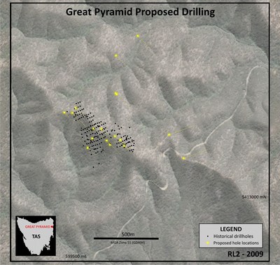 Figure 2: Proposed drill hole locations at the Great Pyramid project. The historical resource is restricted to the area of historical drilling and is confined to shallow depths. (CNW Group/TinOne Resources Corp.)