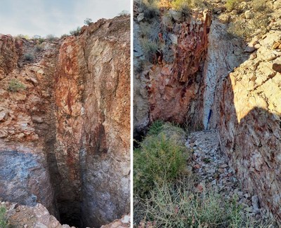 Figure 2 – Examples of NE-SW trending ~1 metre wide veins exposed in the Shingleback prospect displaying silicification and iron-oxide staining. These structures trend toward the combined high chargeability, high resistivity feature observed in IP line 1. (CNW Group/Zacapa Resources)
