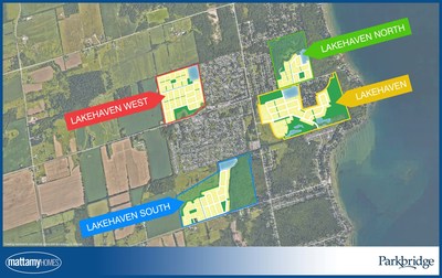 The future community of Lakehaven in Innisfil, Ontario, is expected to total approximately 2,000 homes and be built out in four stages over 10 years. Approximately two-thirds of the homes will be single-family in the traditional ownership model and one-third will be bungalow townhomes in the land-lease ownership model. The community is a partnership between Mattamy Homes and Parkbridge. (CNW Group/Mattamy Homes Limited)