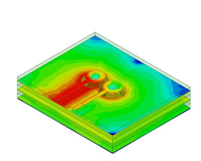 Current distribution in a multilayer board with a driven via and cross talk on the other via in Ansys HFSS, accessible within Ansys Electronics Desktop Student.