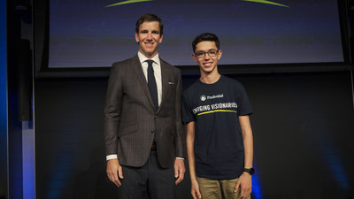 Philanthropist and two-time Super Bowl-winning quarterback Eli Manning congratulates Isaac Hertenstein 16, of Greencastle, Indiana on being named one of the Prudential Emerging Visionaries.