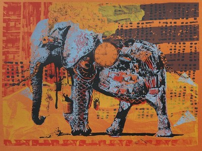 April Bleakney’s submission for round 3 of the CrossCountry Mortgage “Paint the District” competition – “The Fortunes” – depicts a stylized image of an elephant inspired by Peter Ho Davies’ book of the same name.