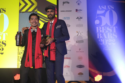 Jay Khan and Lok Cheung from Coa celebrate the bar's No.1 win at the Asia's 50 Best Bars 2022 awards ceremony, sponsored by Perrier, live in Bangkok, Thailand