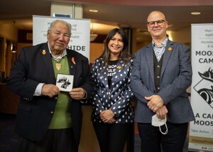 The Moose Hide Campaign presents its 3 millionth moose hide pin to the Honourable Murray Sinclair