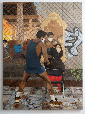 “Anthony Cuts under the Williamsburg Bridge, Morning” by Alison Elizabeth Taylor, first prize winner of the 2022 Outwin Boochever Portrait Competition, marquetry hybrid (wood veneers, oil paint, acrylic paint, inkjet prints, shellac, and sawdust on wood), 2020. Collection of the artist. Copyright Alison Elizabeth Taylor. Courtesy of Smithsonian’s National Portrait Gallery.
