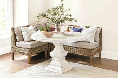 Ballard Designs Rosalind banquette merges the trends of casual, rattan bench seating with neutral tones and chic style.