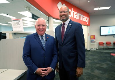 Nevada Attorney General Aaron Ford (right) and CVS Health Chief Policy Officer and General Counsel Thomas M. Moriarty announce the rollout of time delay safe technology at all 97 CVS Pharmacy locations across the state. The safes are anticipated to help prevent pharmacy robberies and the potential for associated diversion of controlled substance medications by electronically delaying the time it takes for pharmacy employees to open the safe.