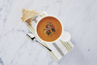 Red Pepper Chickpea Soup with Gazpacho Relish and Tortilla Croutons