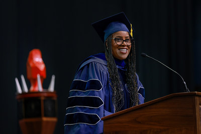 TIAA President and CEO Thasunda Brown Duckett delivers the Spring 2022 Graduate Commencement Address at Jackson State University on Friday, April 29, 2022. (Photo credit: Jackson State University / Charles A. Smith)