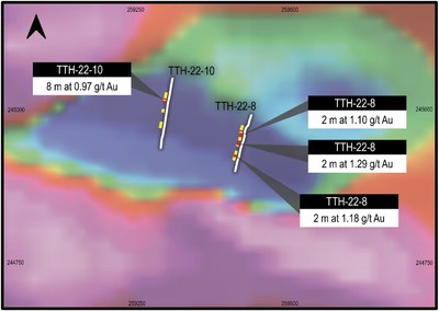 Figure 2: Throne Target area trenches with gold intercepts overlain on first derivative heli-magnetic data, Marudi Project. (CNW Group/Golden Shield Resources)