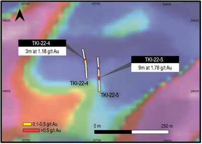 Figure 3: Kimberley Target area trenches, trenches with gold intercepts overlain on first derivative heli-magnetic data, Marudi Project. (CNW Group/Golden Shield Resources)